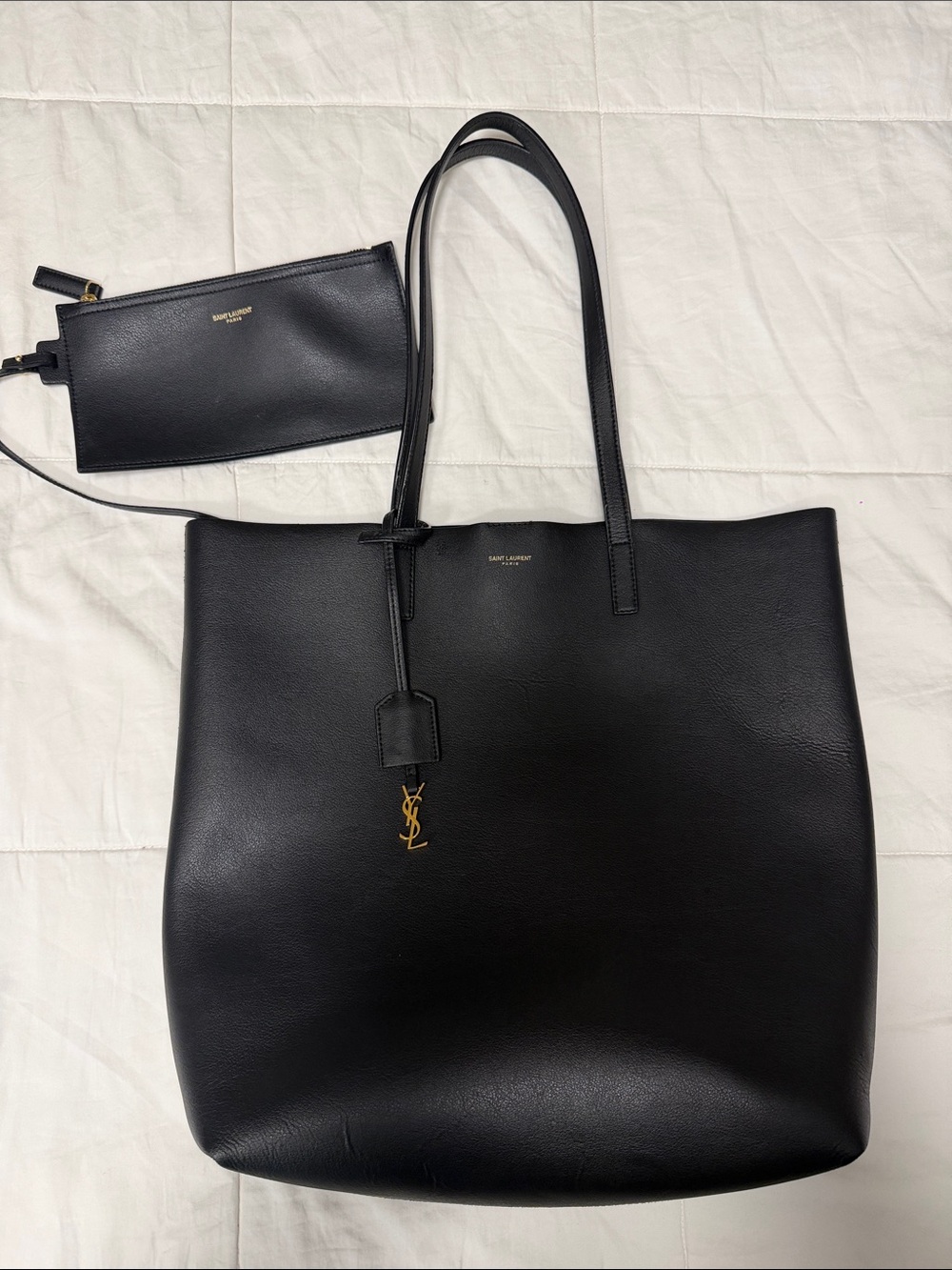 Saint Laurent Black Leather Tote with Gold YSL Charm and Matching Pouch